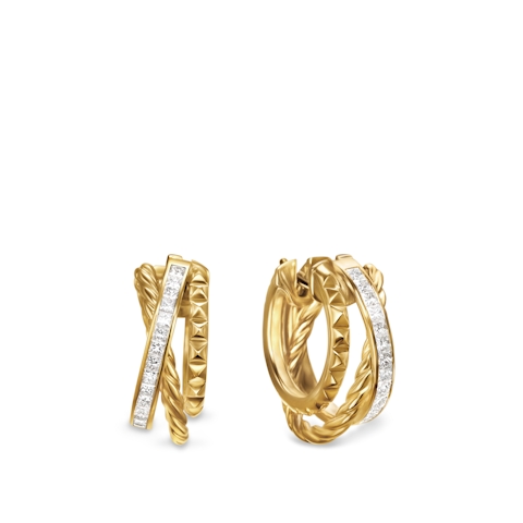 Vertical Crossover Trio Multi Row Hoop Earrings in 18K Yellow Gold with Diamonds, 18mm