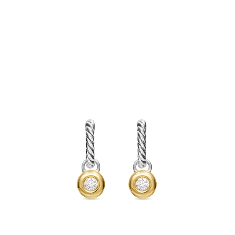 Vertical Petite Cable Huggie Drop Earrings in Sterling Silver with 14K Yellow gold and Center Diamond, 17.5mm