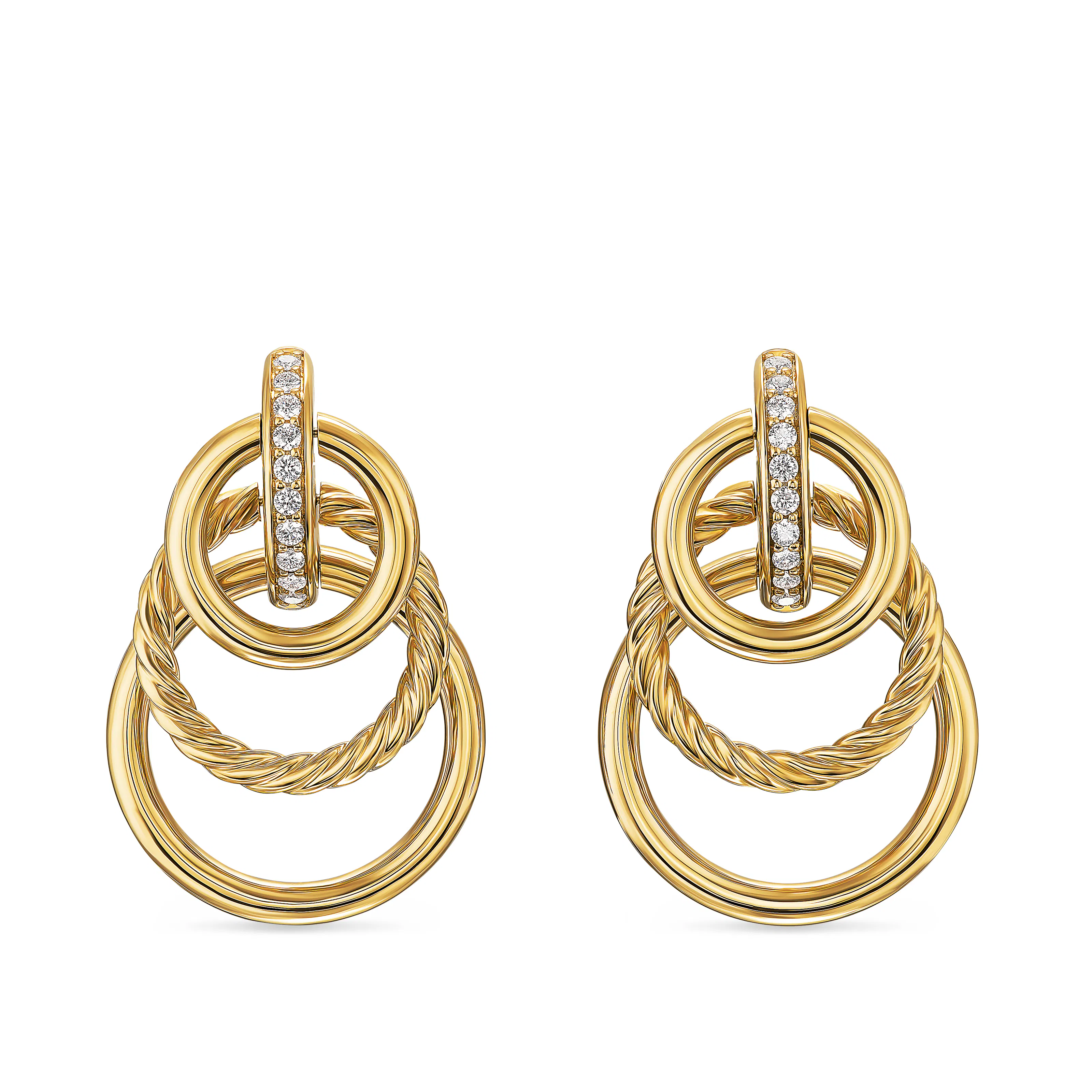 Vertical DY Mercer Triple Ring Drop Earrings in 18K Yellow Gold with Diamonds, 35.6mm