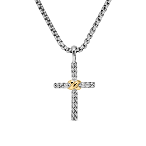 Vertical Petite X Cross Necklace in Sterling Silver with 14K Yellow Gold, 24mm