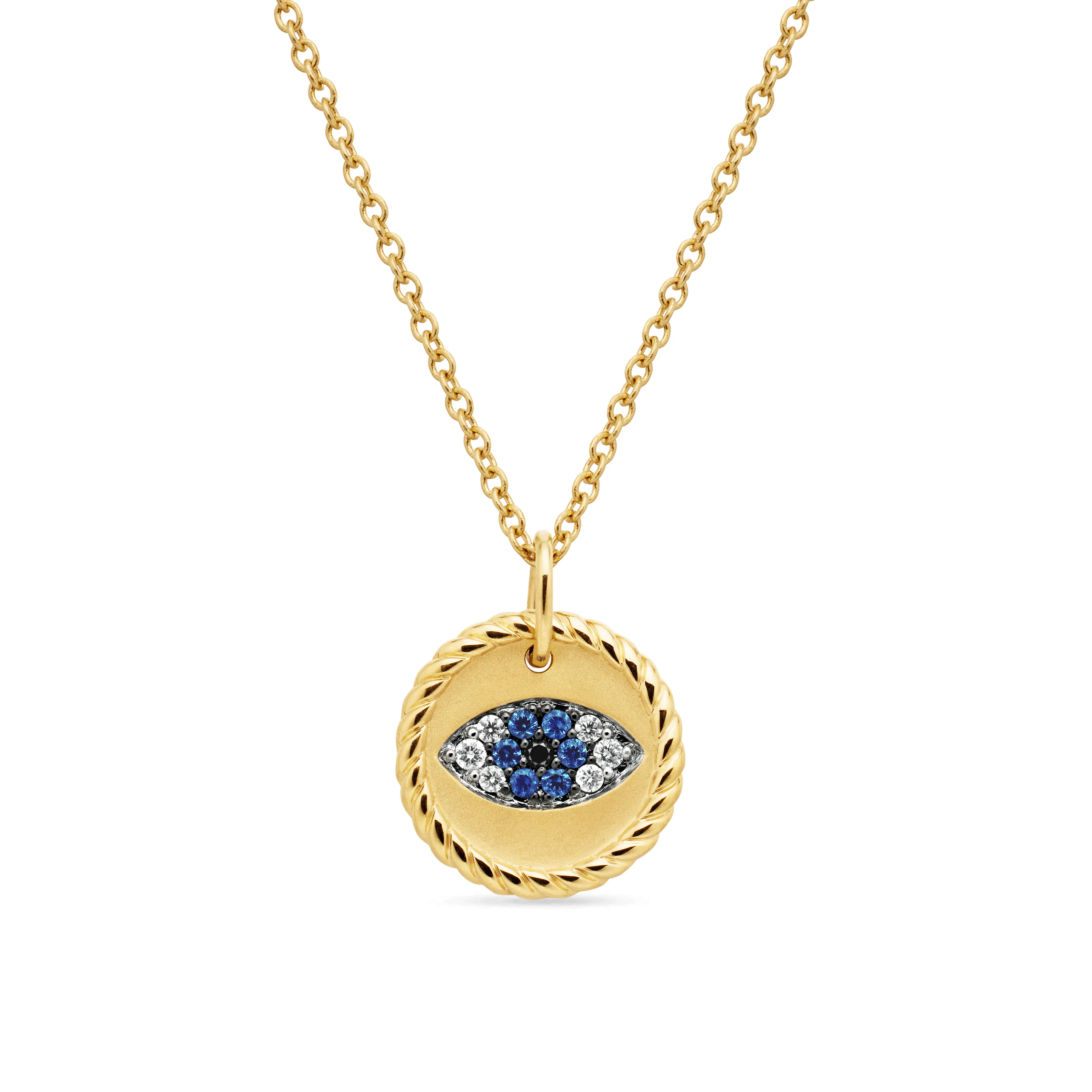 Vertical Cable Collectibles Evil Eye Necklace in 18K Yellow Gold with Pav Blue Sapphires and Diamonds, 11mm