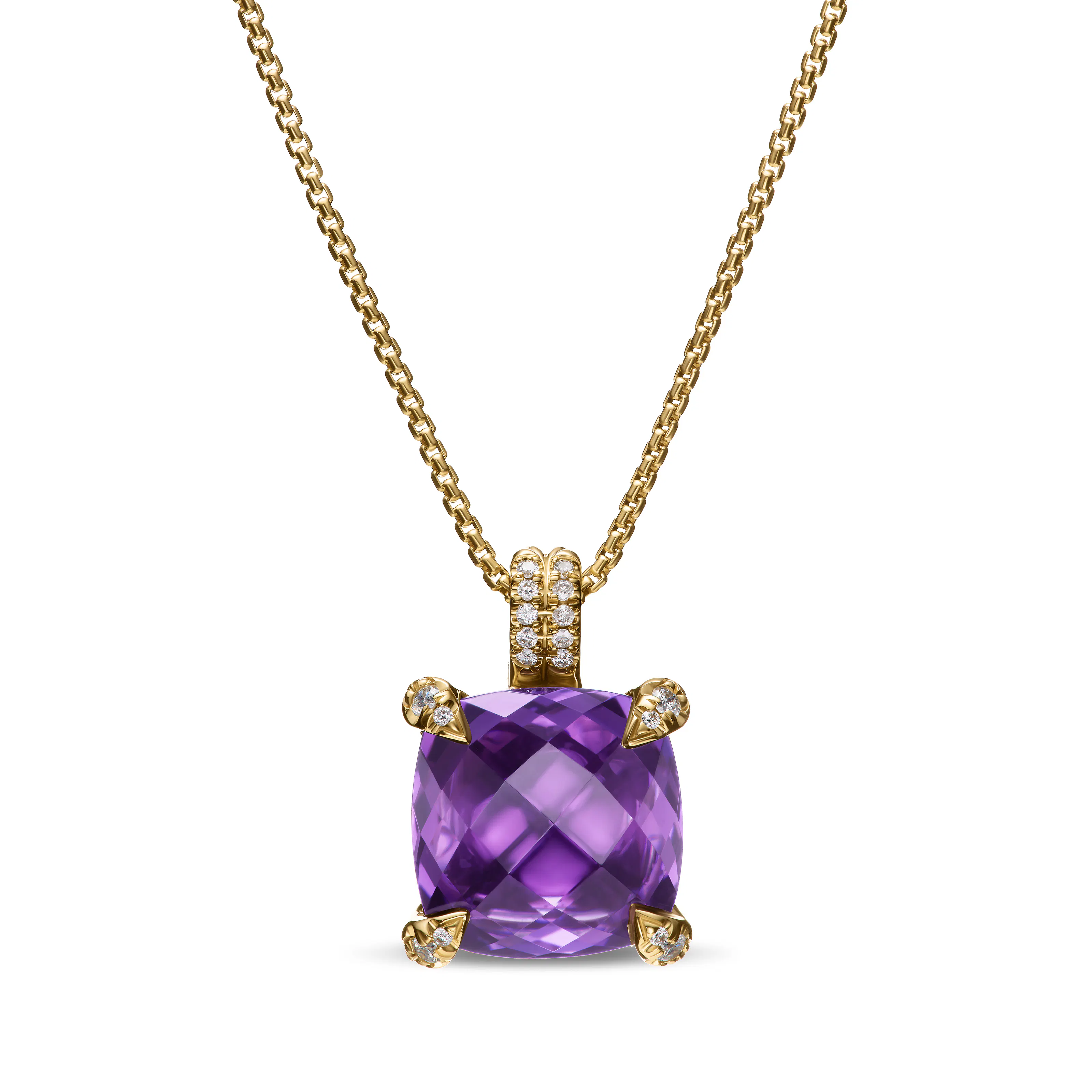 Vertical ChatelaineÂ Pendant Necklace in 18K Yellow Gold with Amethyst and Diamonds, 11mm