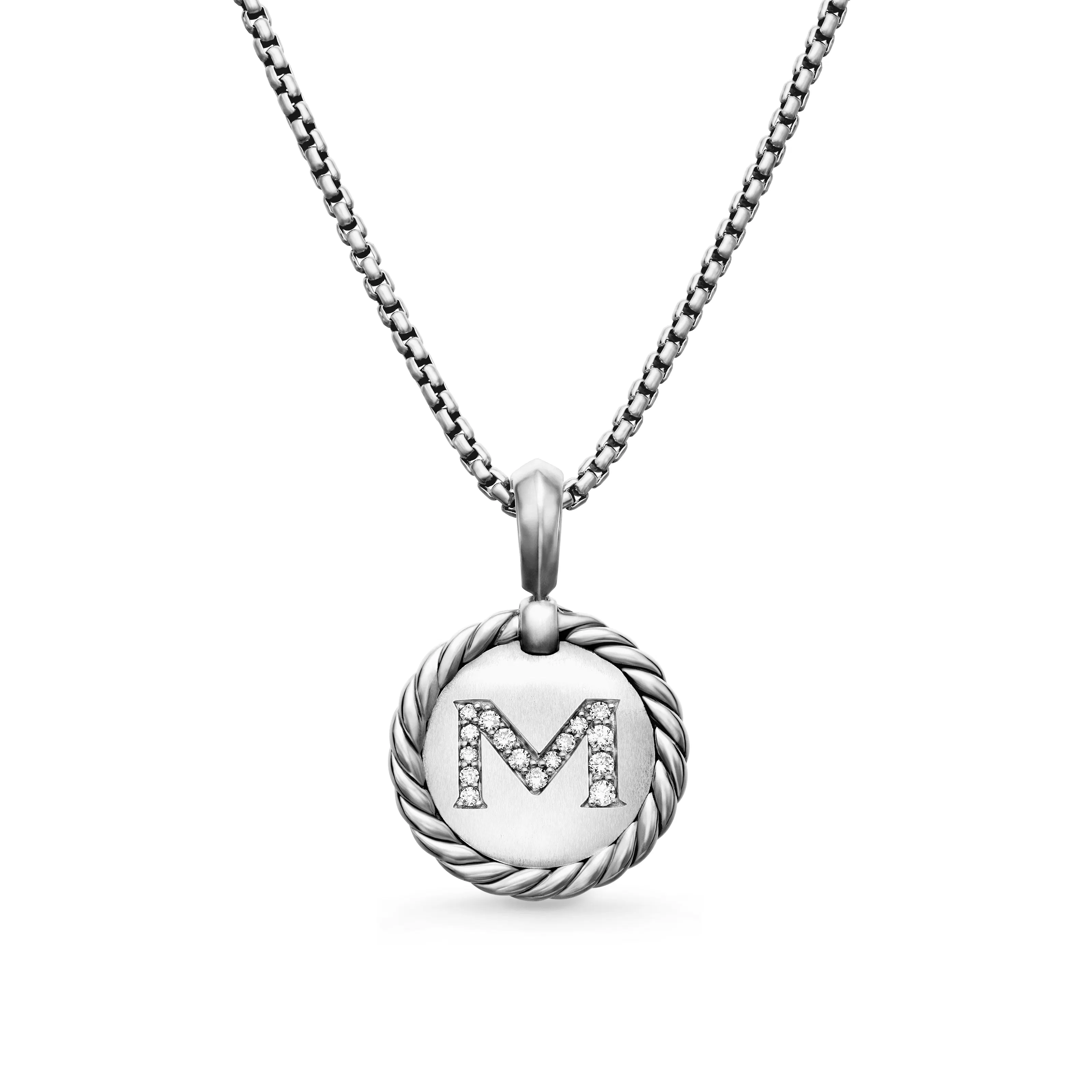 Vertical Initial Charm Necklace in Sterling Silver with Diamond M