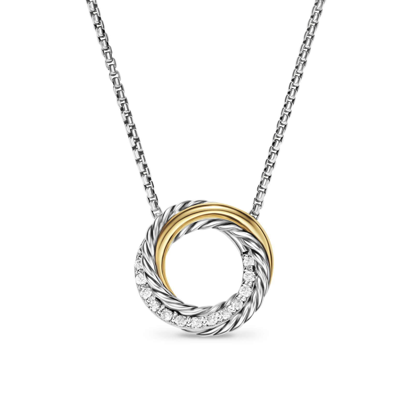Vertical Crossover Pendant Necklace in Sterling Silver with 18K Yellow Gold and Diamonds, 14.5mm