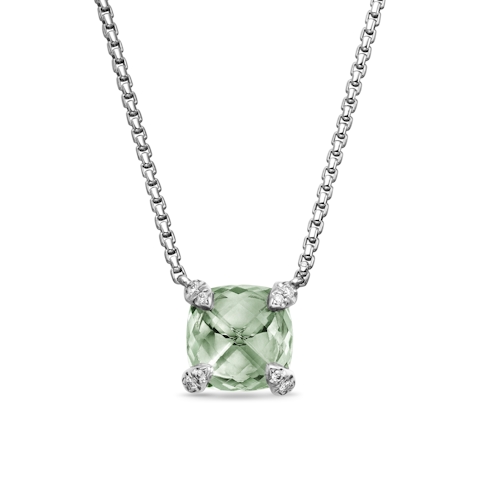 Vertical Petite Chatelaine Pendant Necklace in Sterling Silver with Prasiolite and Diamonds, 9mm