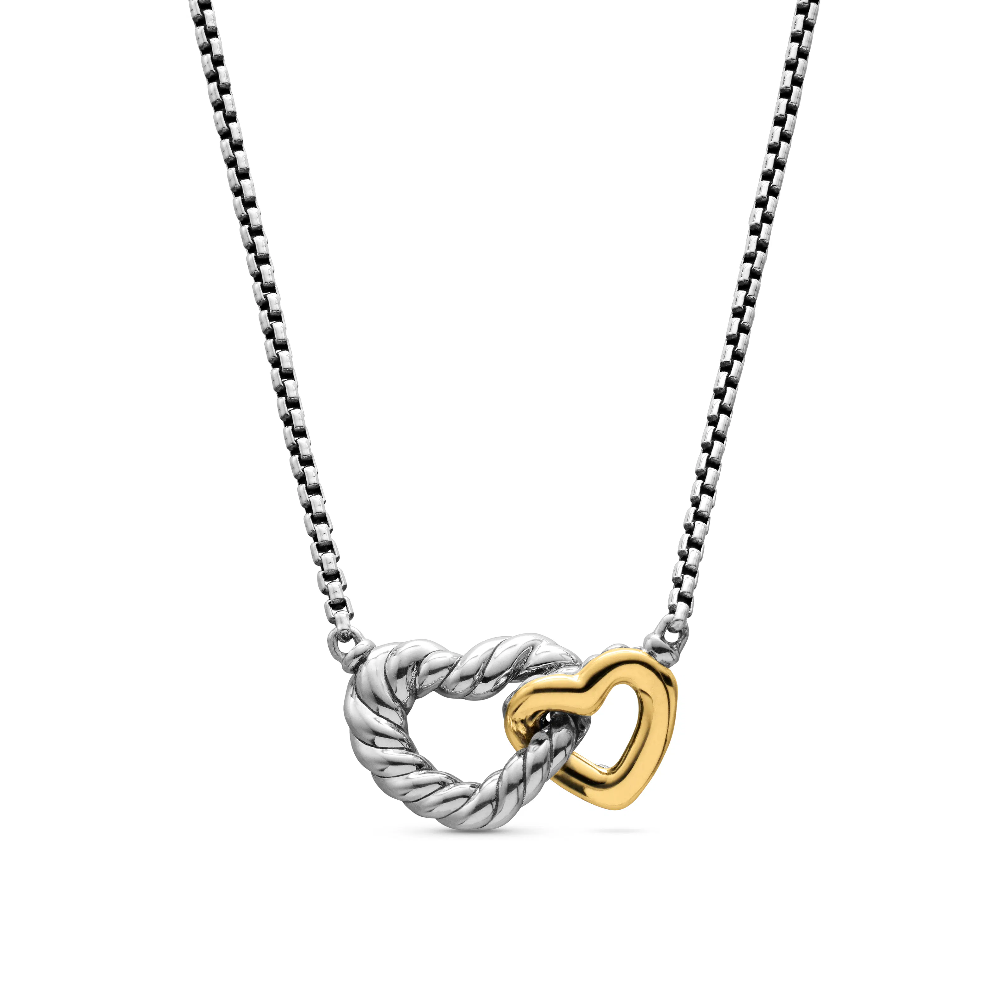 Vertical Cable Collectibles Interlocking Heart Necklace in Sterling Silver with 18K Yellow Gold, 16.4mm