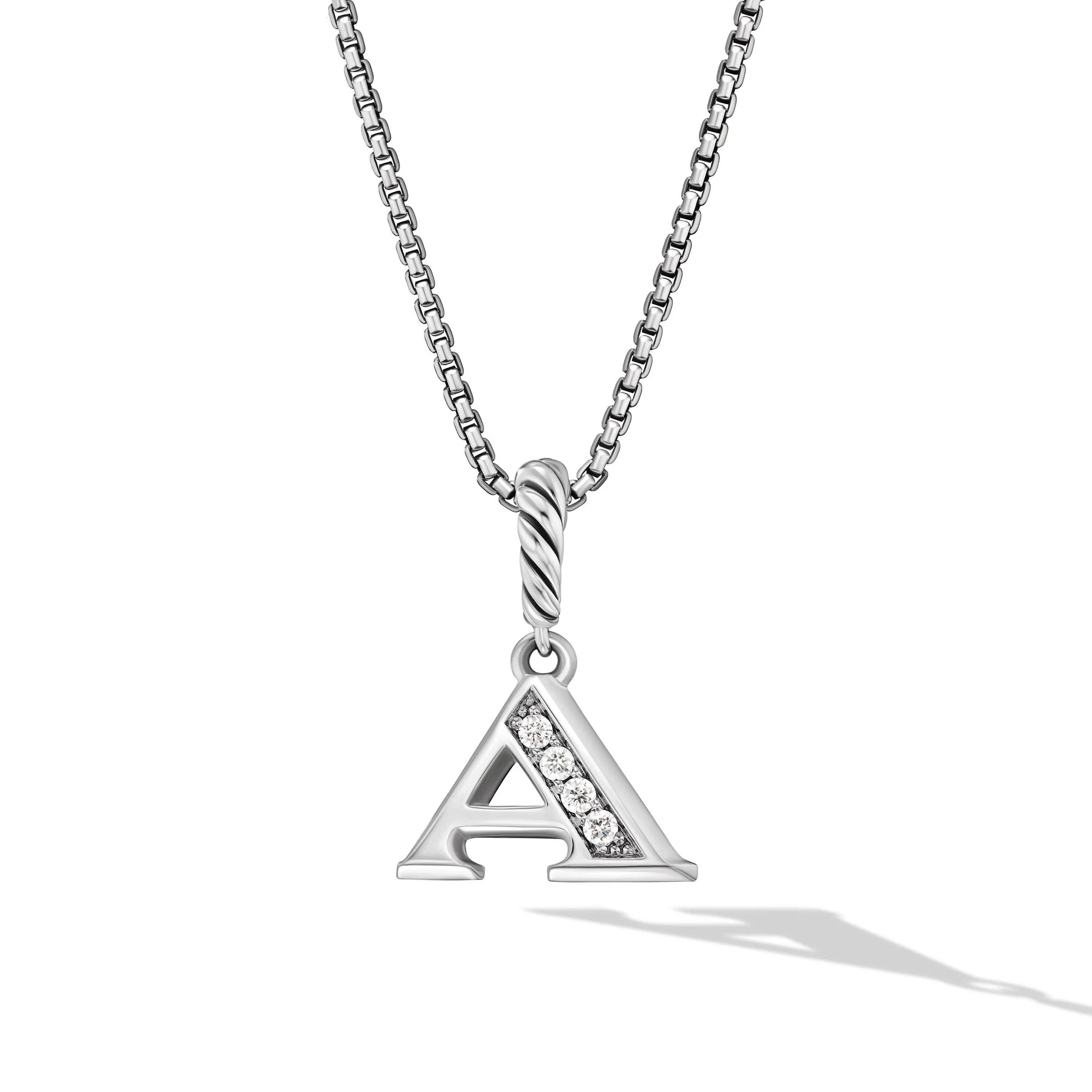Vertical Pavé Initial Pendant Necklace Sterling Silver with Diamond A