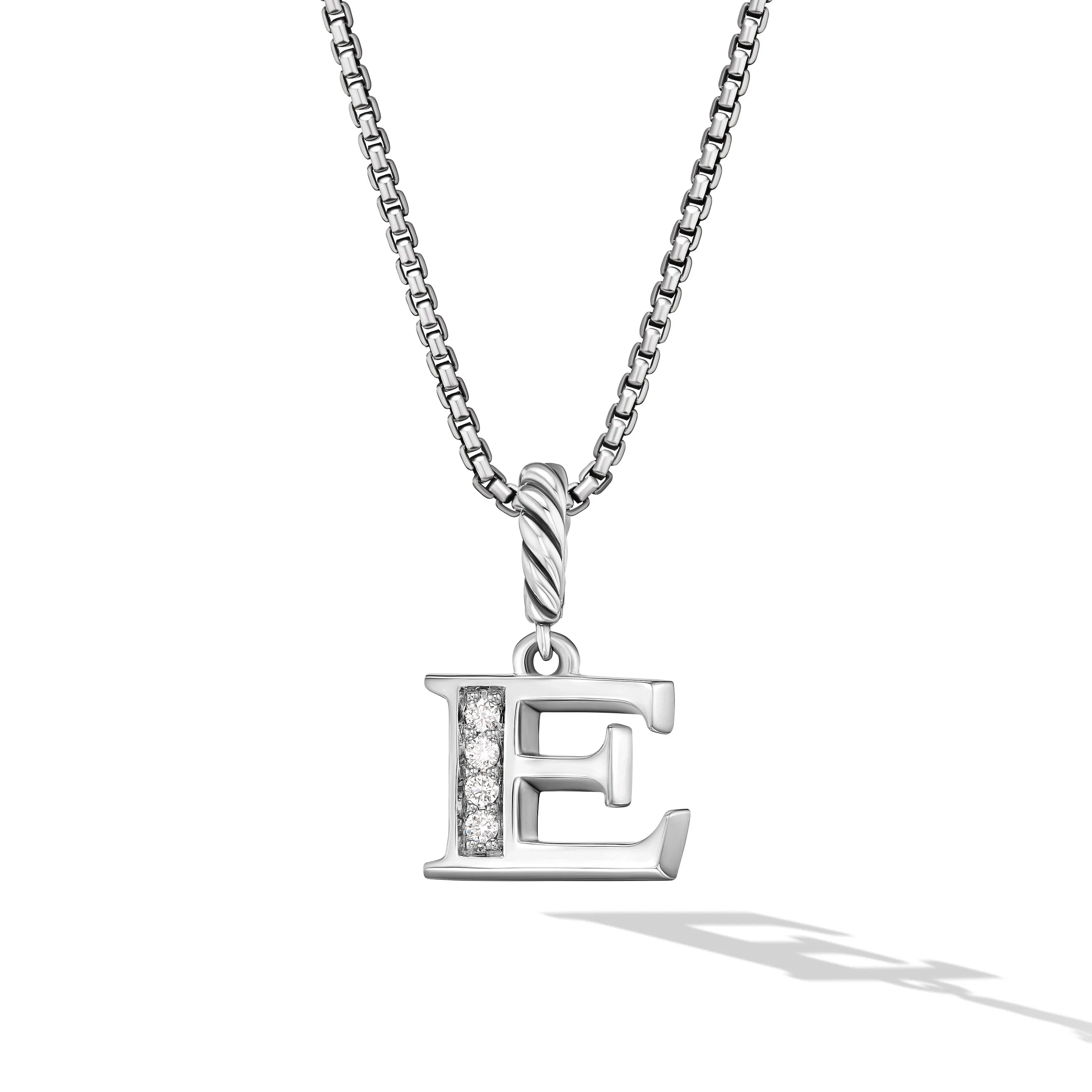 Vertical Pav Initial Pendant Necklace in Sterling Silver with Diamond E