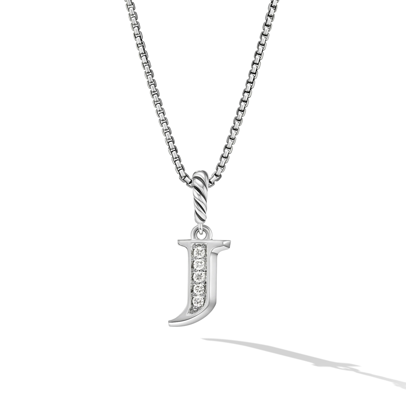 Vertical Pav Initial Pendant Necklace in Sterling Silver with Diamond J