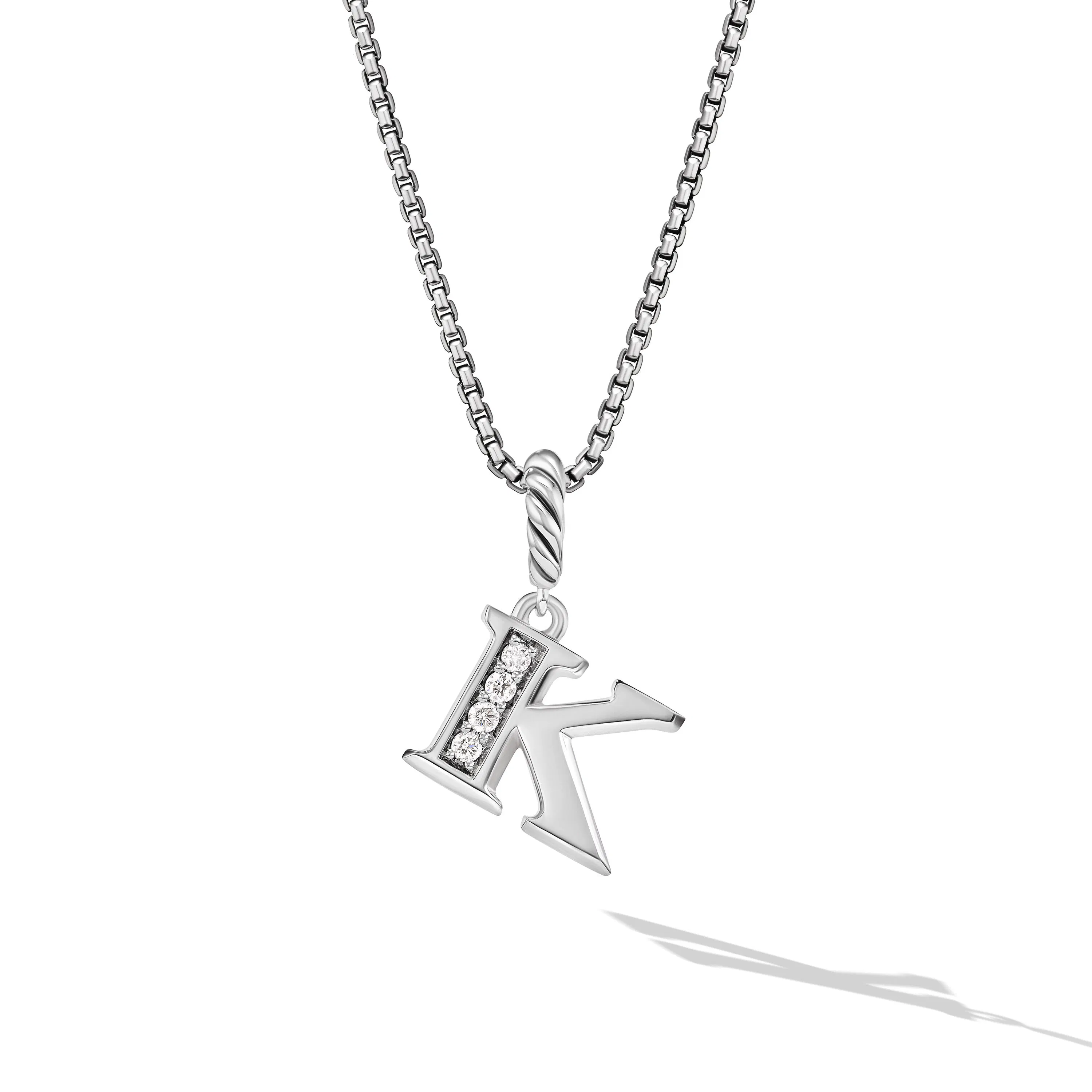 Vertical Pav Initial Pendant Necklace in Sterling Silver with Diamond K
