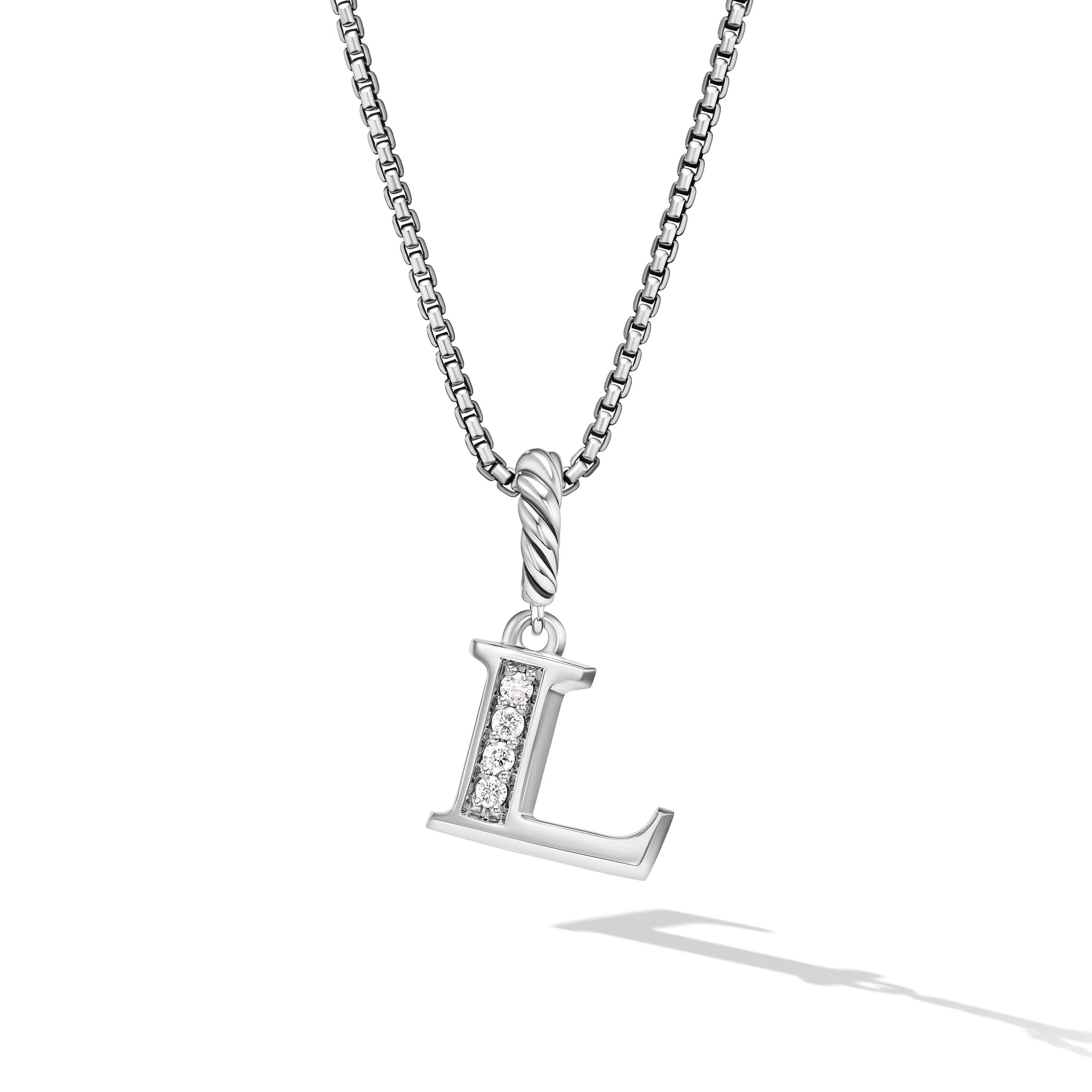 Vertical Pavé Initial Pendant Necklace in Sterling Silver with Diamond L