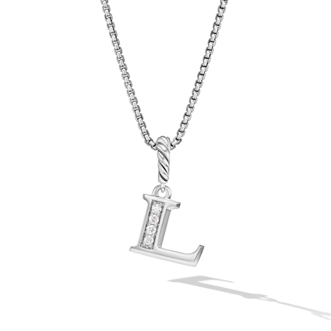 Vertical Pavé Initial Pendant Necklace in Sterling Silver with Diamond L