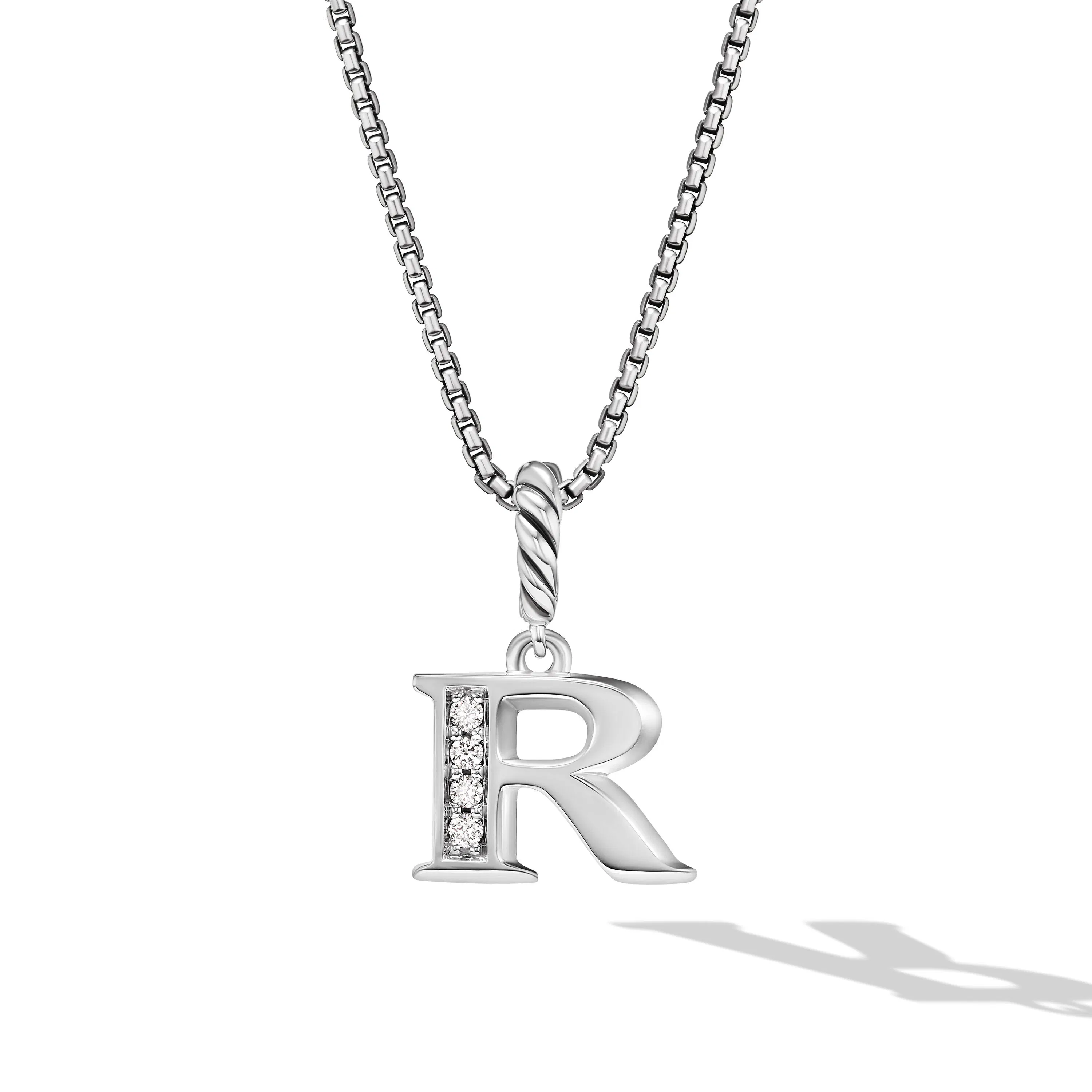 Vertical Pav Initial Pendant Necklace in Sterling Silver with Diamond R