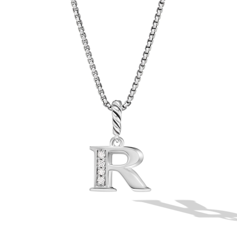 Vertical Pav Initial Pendant Necklace in Sterling Silver with Diamond R