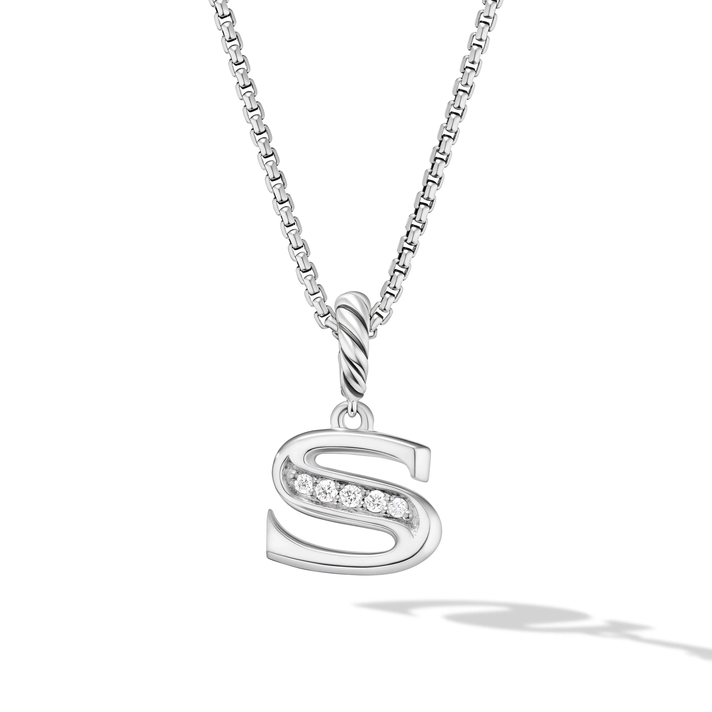 Vertical Pav Initial Pendant Necklace in Sterling Silver with Diamond S