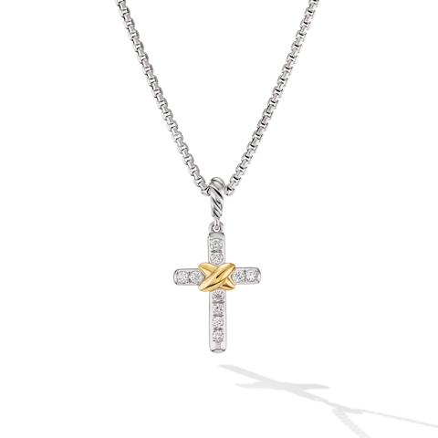 Vertical Petite Cross Necklace in Sterling Silver with 18K Yellow Gold with Diamonds, 20.8mm