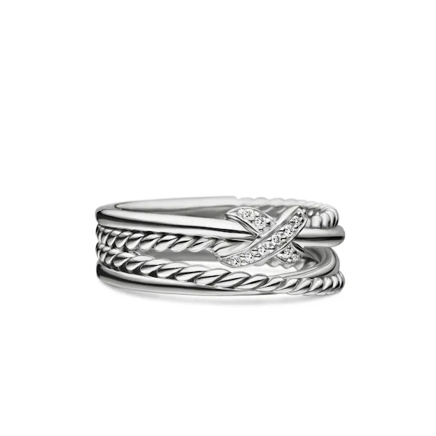 X Crossover Band Ring in Sterling Silver with Diamonds, 6mm