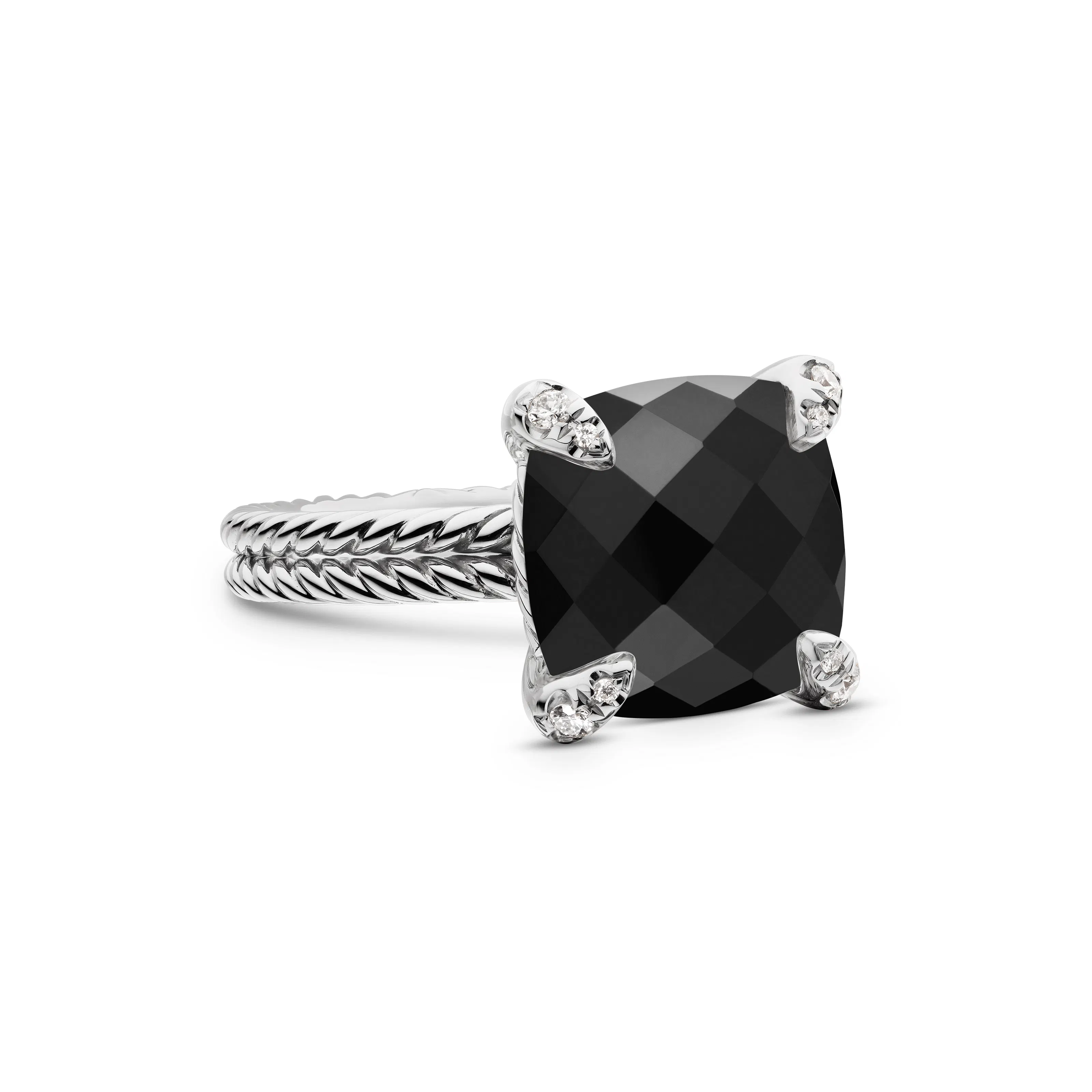 Vertical Chatelaine Ring in Sterling Silver with Black Onyx and Diamonds, 11mm