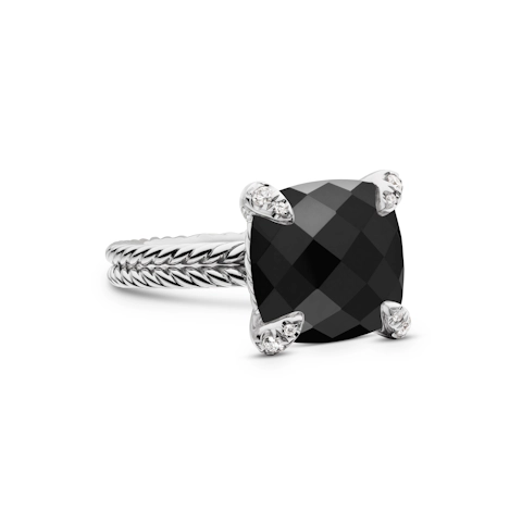 Vertical Chatelaine Ring in Sterling Silver with Black Onyx and Diamonds, 11mm