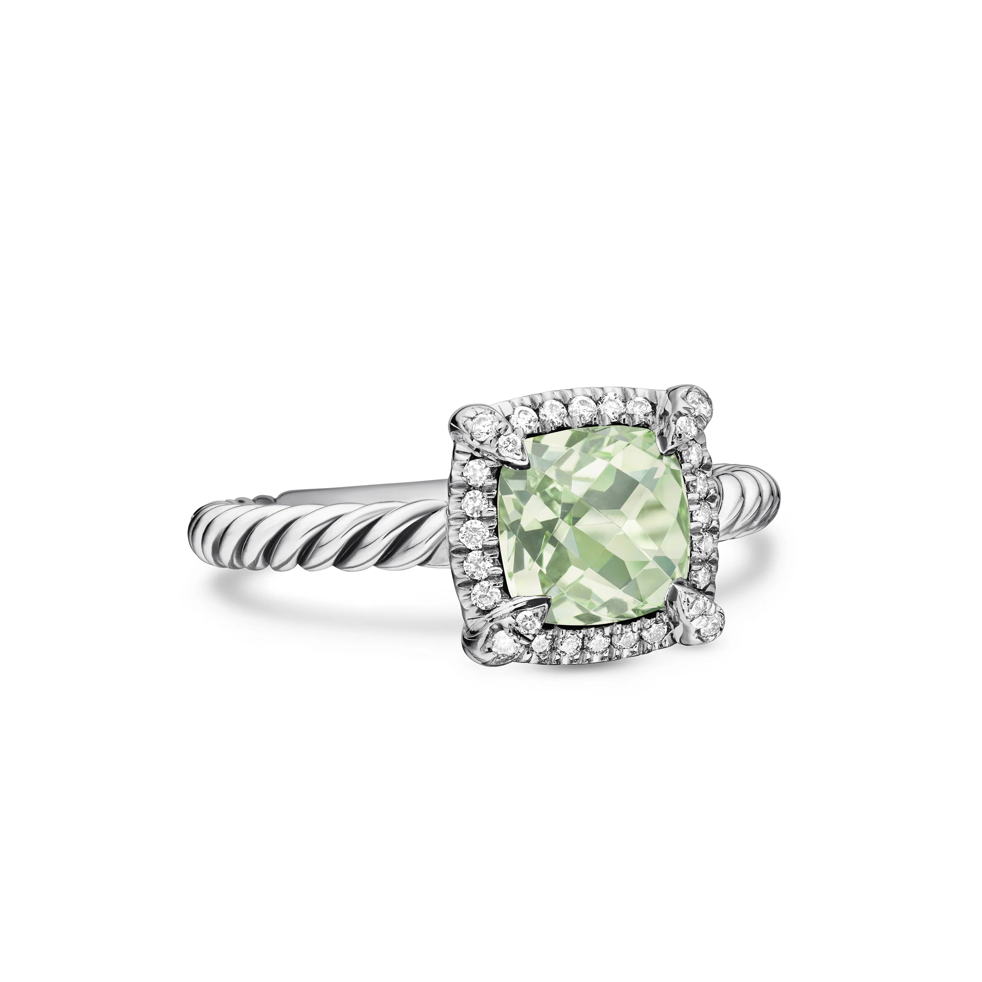 Vertical Petite Chatelaine Pav Bezel Ring in Sterling Silver with Prasiolite and Diamonds, 7mm