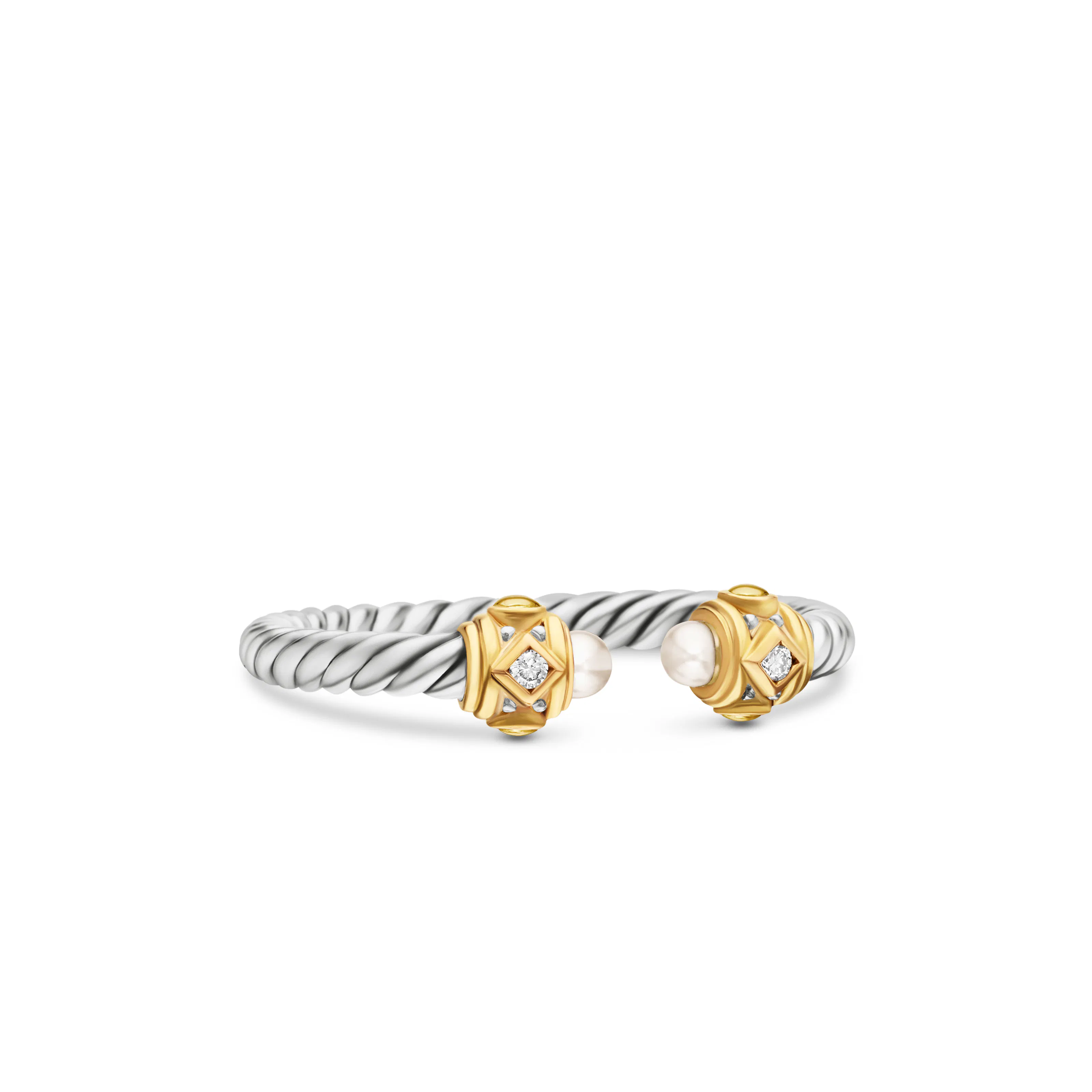 Vertical Renaissance Ring in Sterling Silver with 14K Yellow Gold, Pearls and Diamonds, 2.3mm