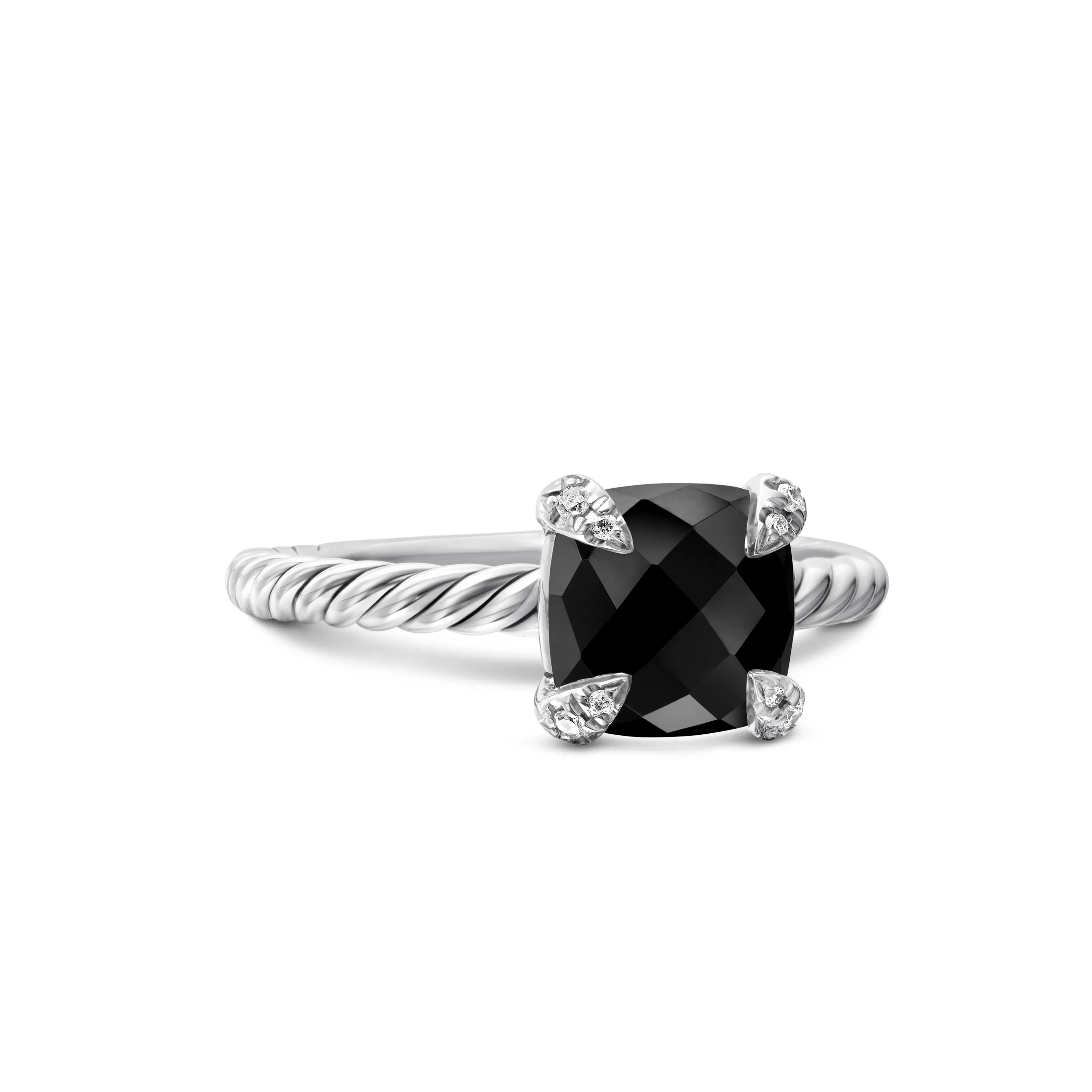Vertical Chatelaine Ring in Sterling Silver with Black Onyx and Diamonds, 8mm
