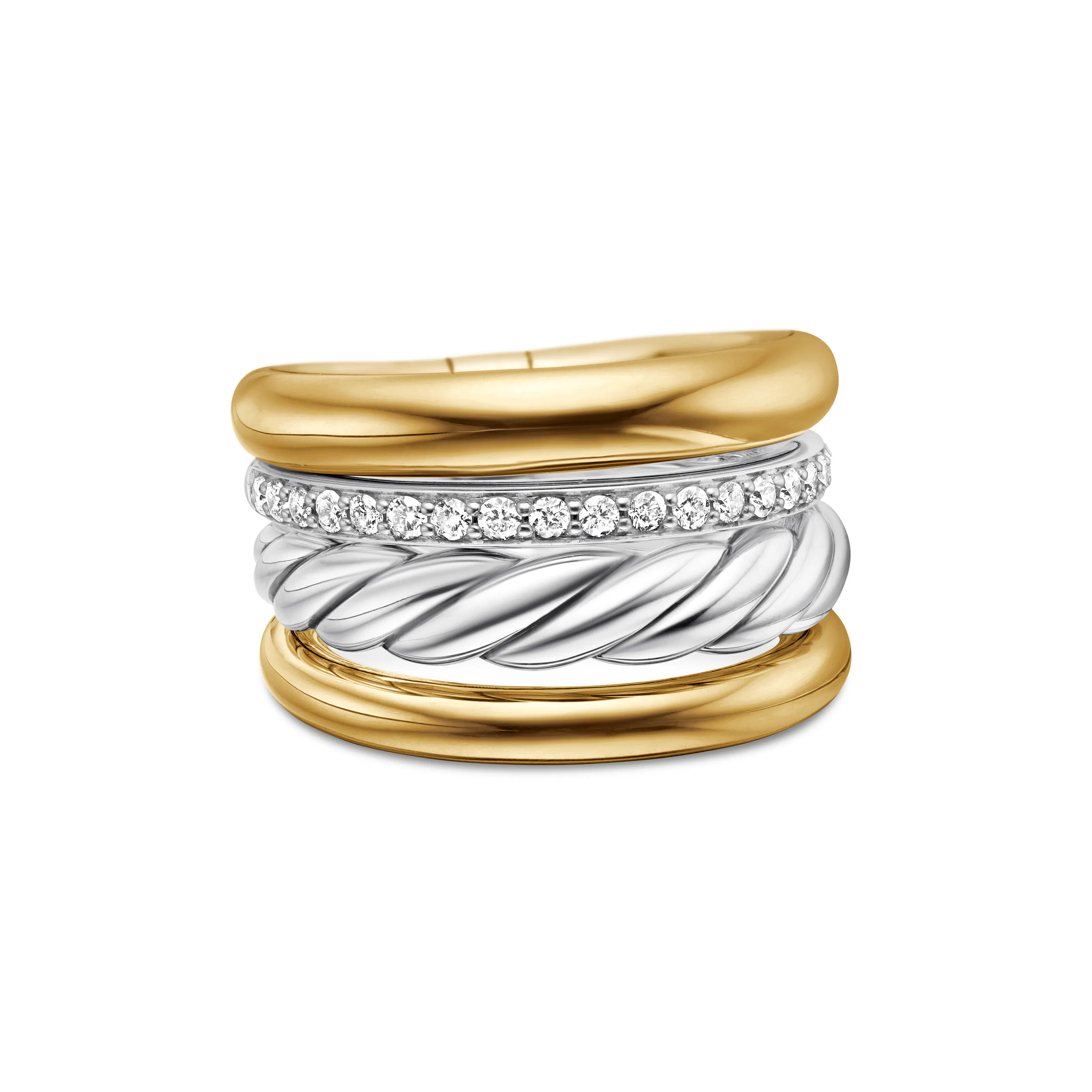 Vertical DY Mercer Multi Row Ring in Sterling Silver with 18K Yellow Gold and Diamonds, 14mm