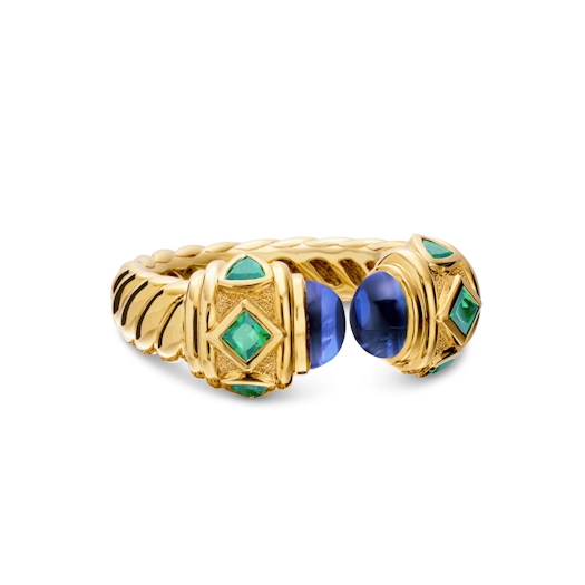Vertical Renaissance Ring in 18K Yellow Gold with Tanzanite and Tsavorites, 6.5mm