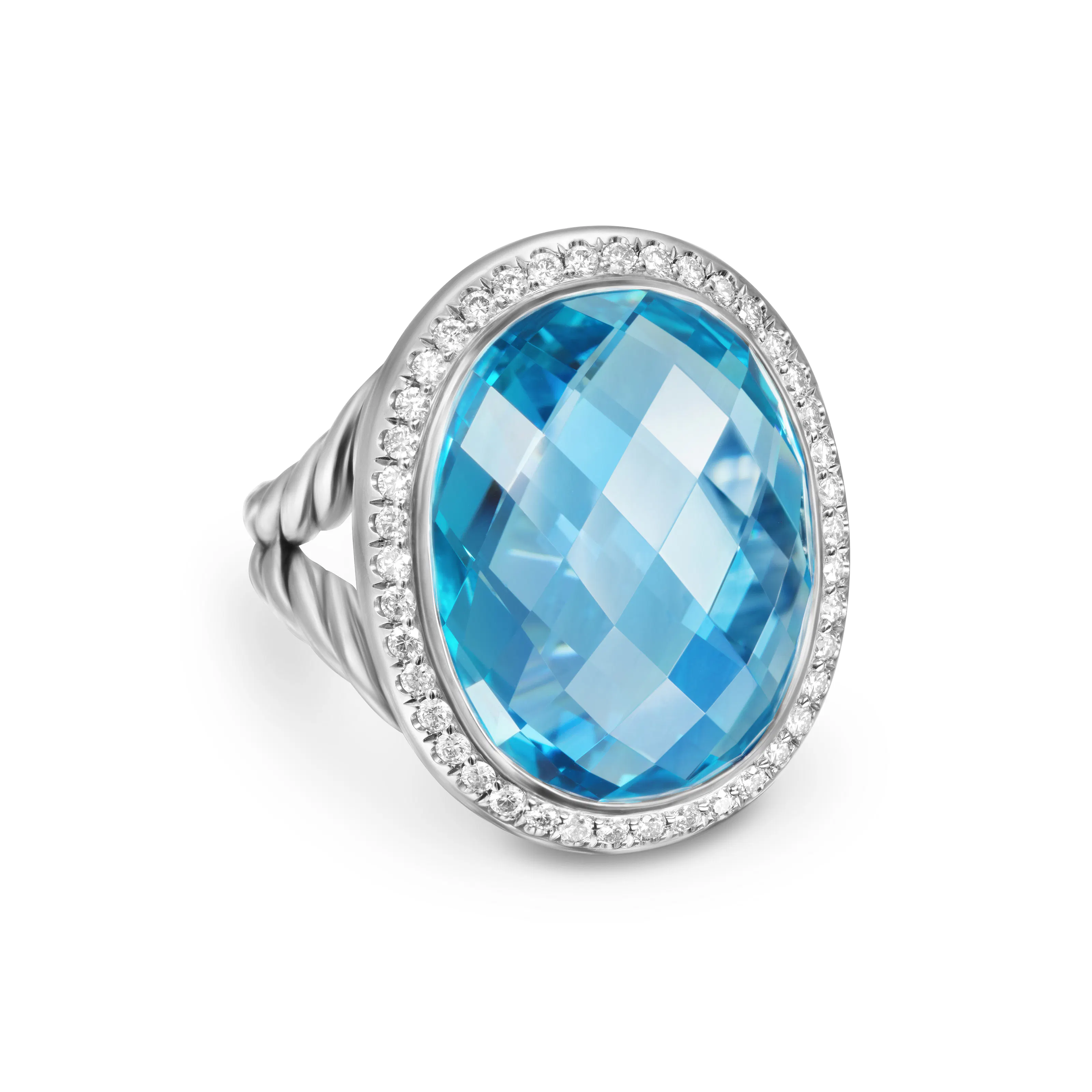 Vertical Albion Oval Ring in Sterling Silver with Blue Topaz and Diamonds, 21mm