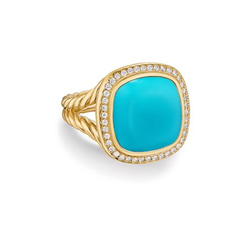 Vertical Albion Ring in 18K Yellow Gold with Turquoise and Diamonds, 15mm