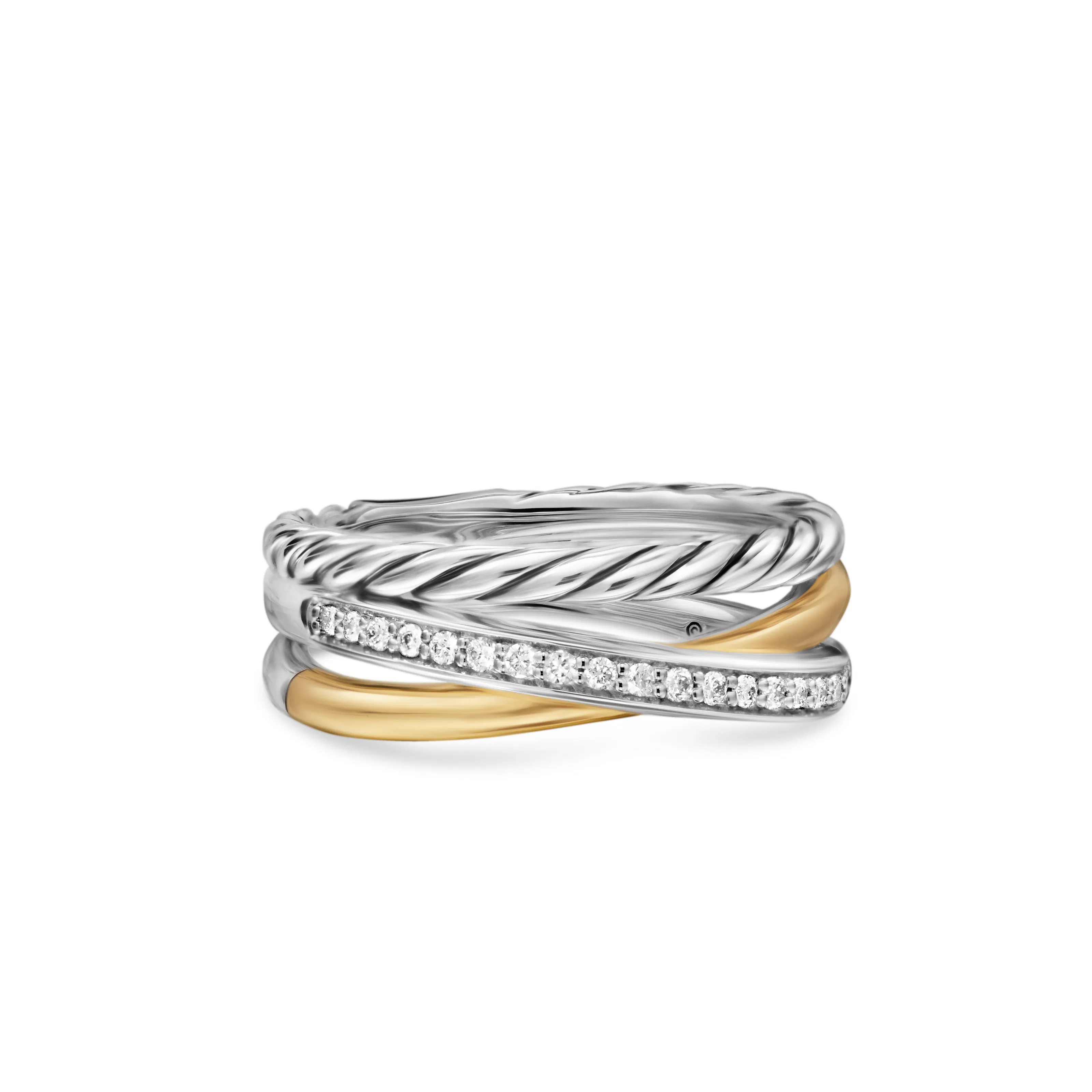 Vertical Crossover Three Row Ring in Sterling Silver with 18K Yellow Gold and Diamonds, 7mm