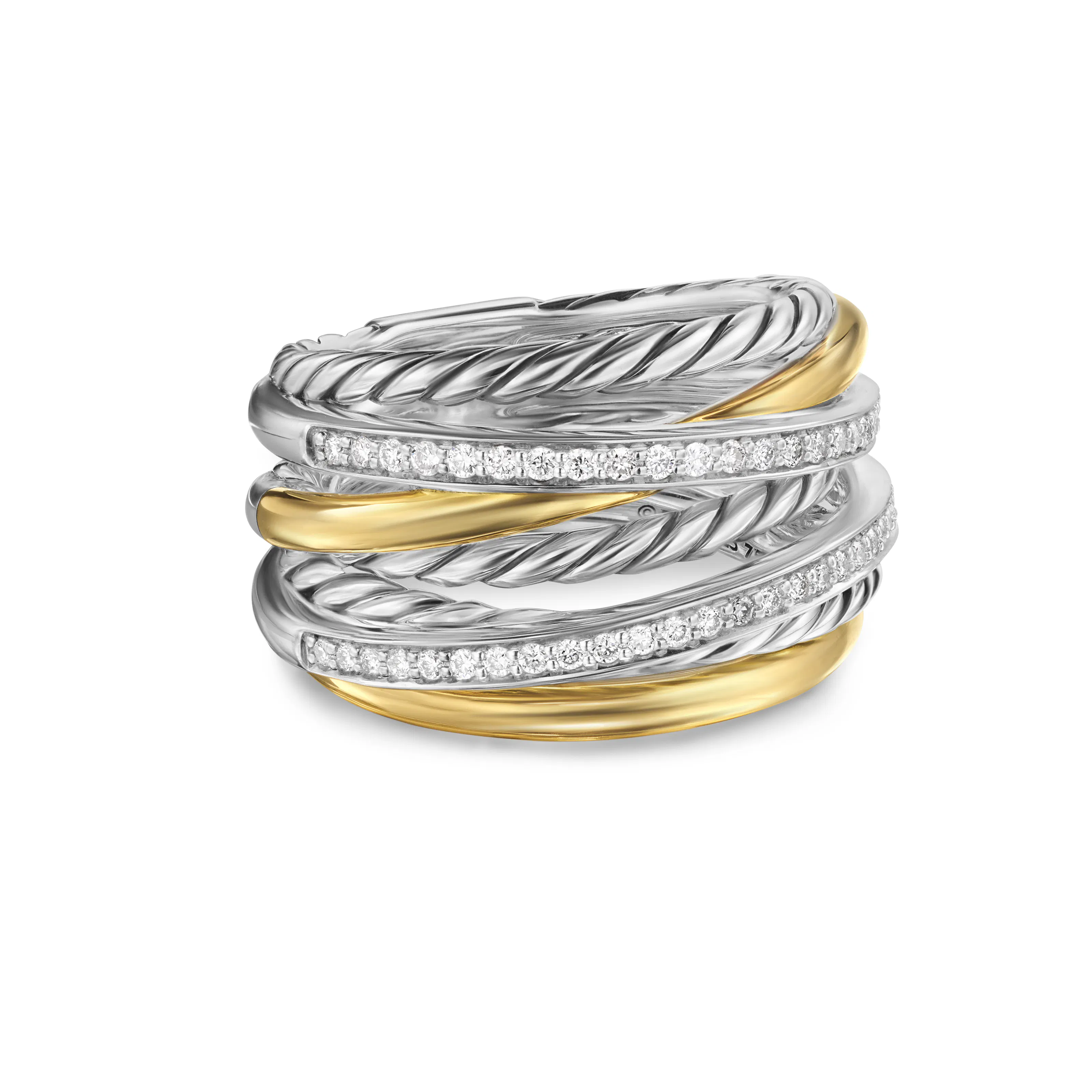 Vertical Crossover Seven Row Ring in Sterling Silver with 18K Yellow Gold amd Diamonds, 16mm