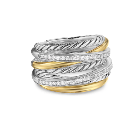 Vertical Crossover Seven Row Ring in Sterling Silver with 18K Yellow Gold amd Diamonds, 16mm