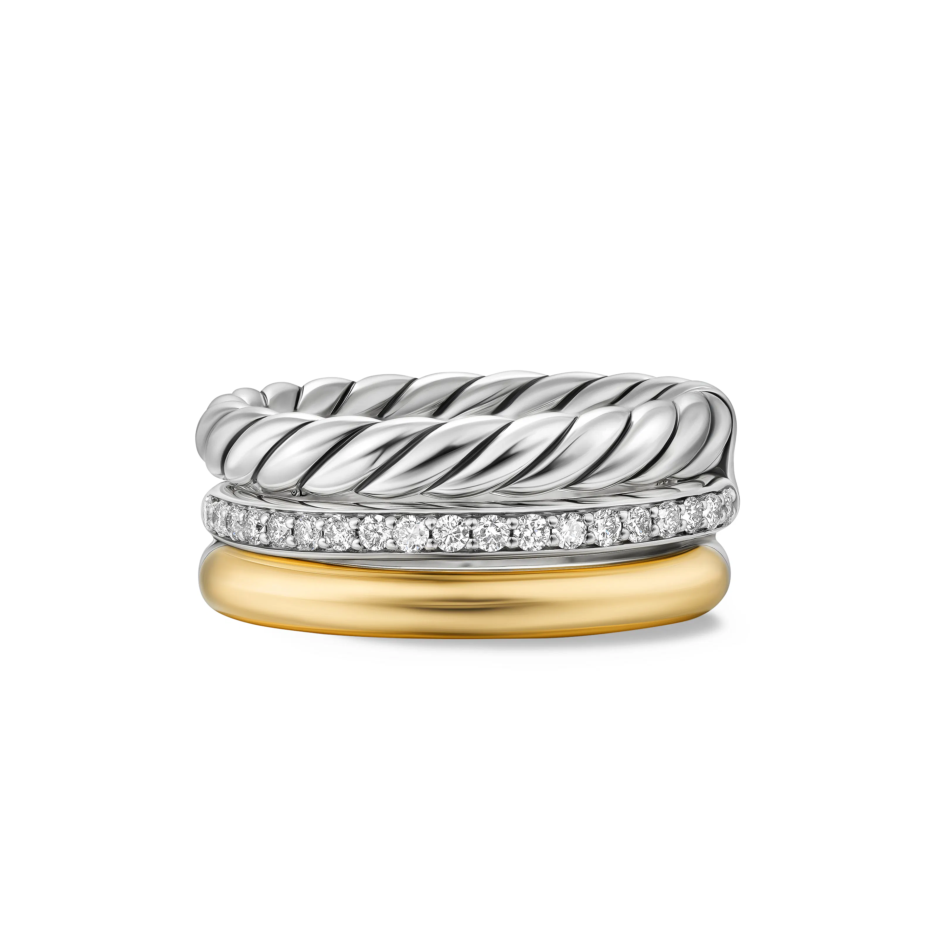 Vertical DY Mercer Three Row Ring in Sterling Silver with 18K Yellow Gold and Diamonds, 8.9mm