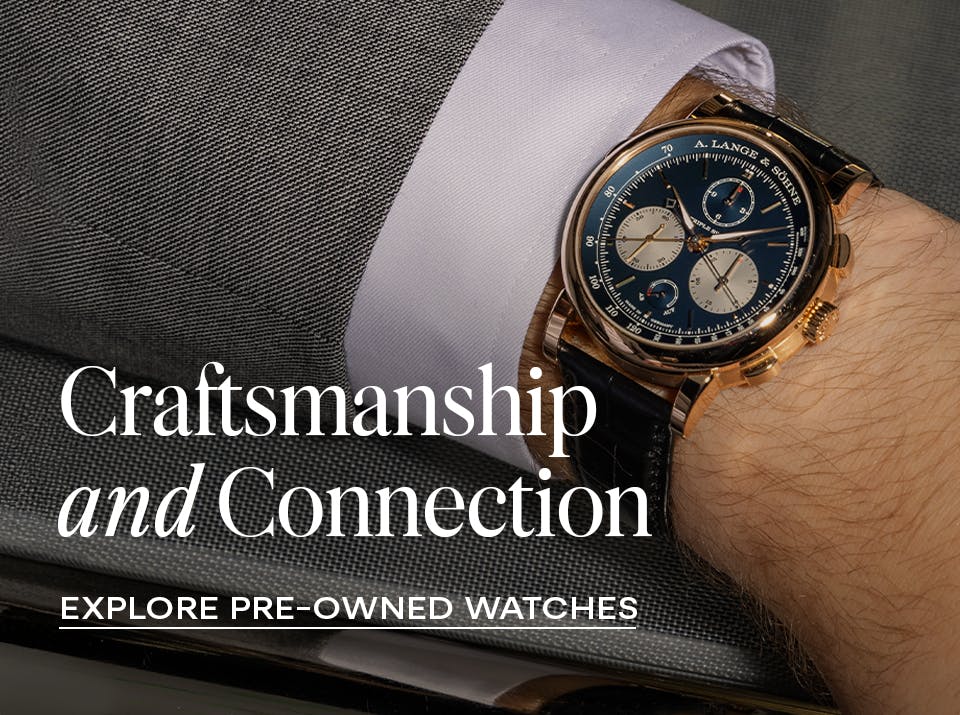 A. Lange & Söhne chronograph watch on wrist, representing The 1916 Company’s pre-owned luxury watch collection.