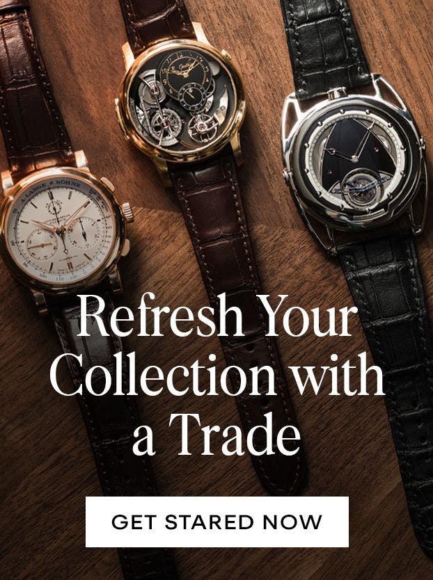 Three luxury watches on leather straps displayed on a wooden surface, with text "Refresh Your Collection with a Trade" and "GET STARTED NOW" for trading in watches at The 1916 Company