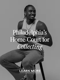 Tyrese Maxey seated on a stool holding a basketball, wearing a tank top and chain necklace with a watch, overlaid with the text Philadelphia's Home Court for Collecting