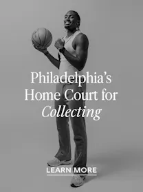 Tyrese Maxey standing and holding a basketball, wearing a tank top and wide-leg pants with a watch, overlaid with the text Philadelphia's Home Court for Collecting