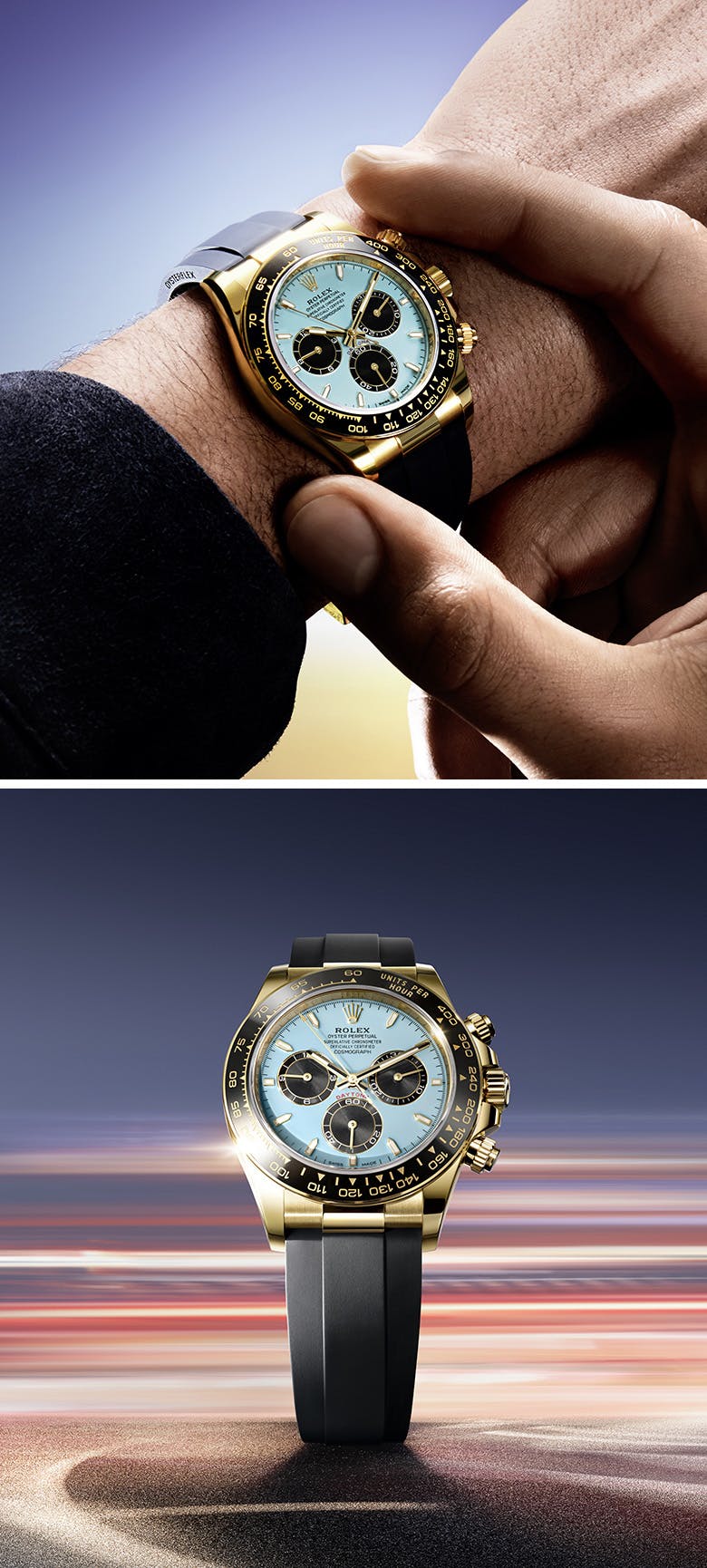 Split image with man adjusting Rolex Daytona watch on the left and a Daytona watch with black strap against a gradient background