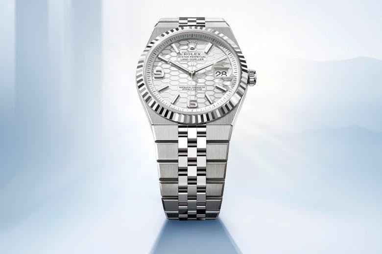 A Rolex Land-Dweller watch with a silver bracelet and dial, elegantly displayed against a minimalist background.