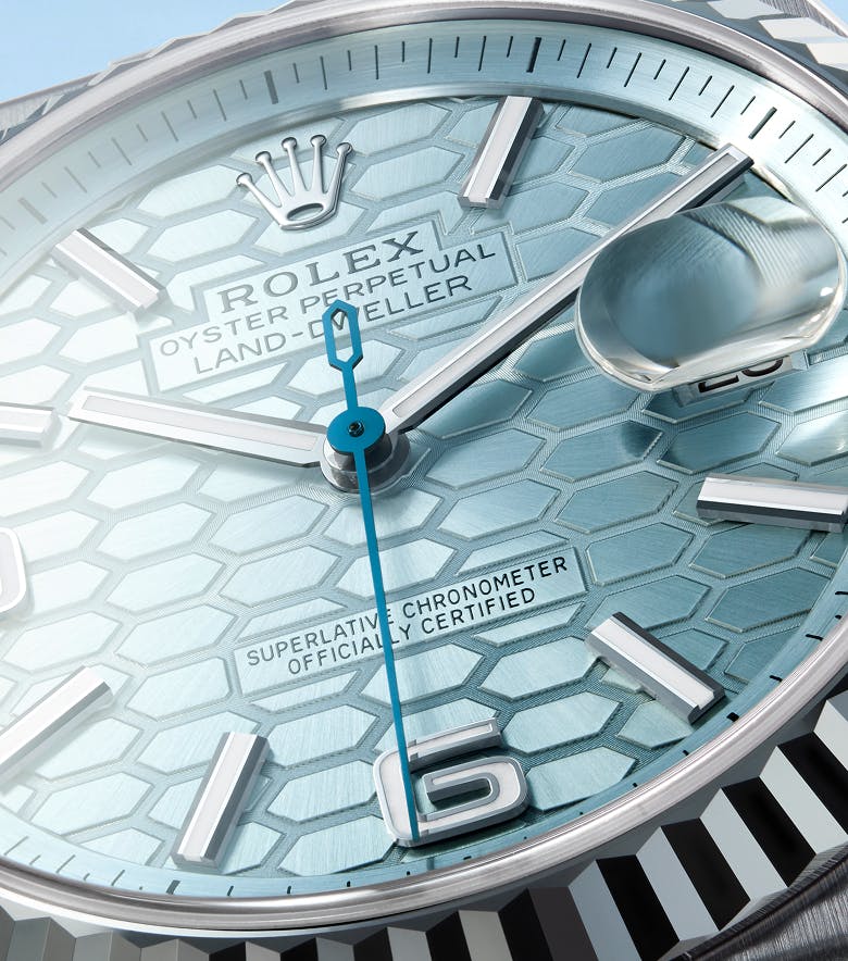 A close-up of the Rolex Land-Dweller honeycomb motif 
