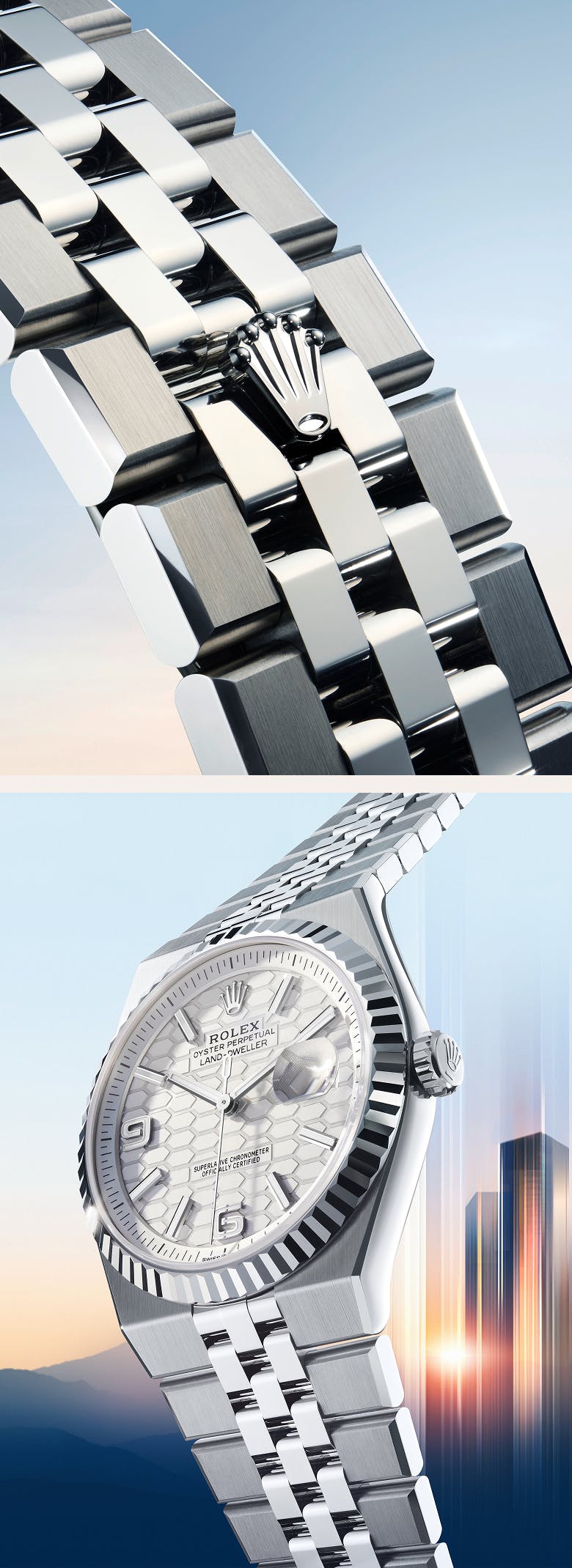 Split image with close of Rolex Land-Dweller silver bracelet on the left and face shot of watch on right