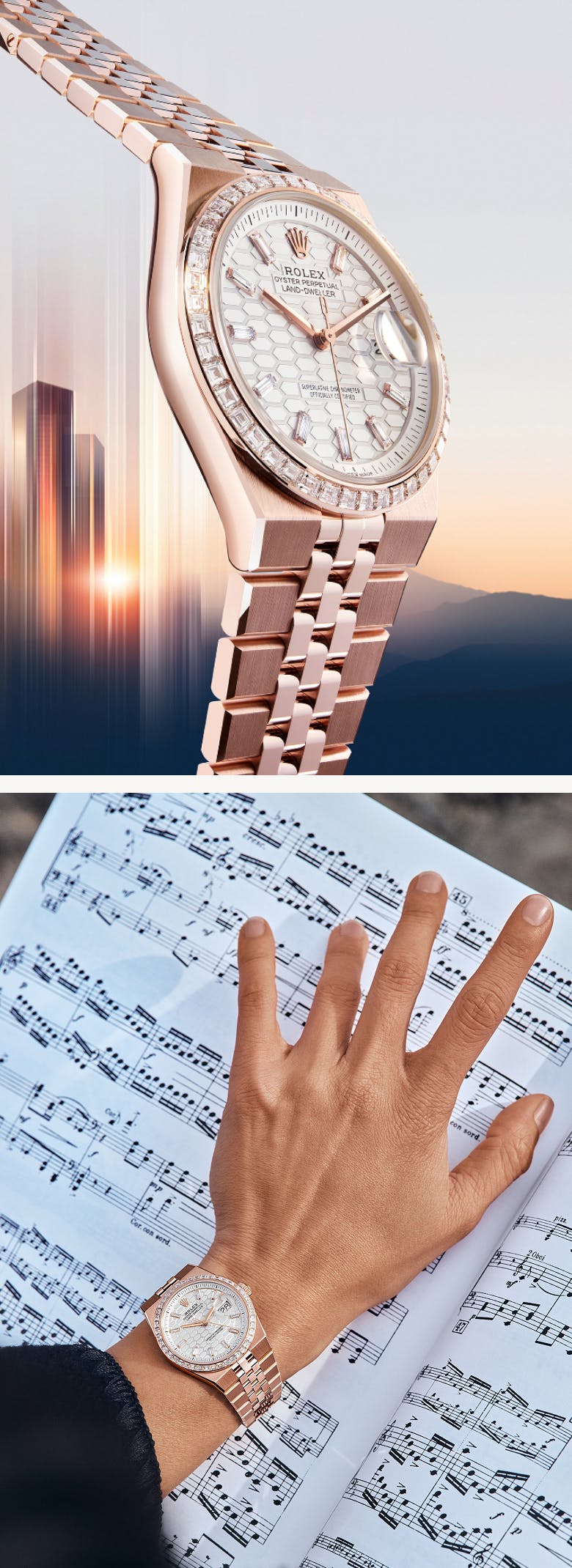 Split image of a rose gold Rolex Land-Dweller close up on the right and a rose gold Rolex Land-Dweller with a woman's wrist over music sheets on the right 