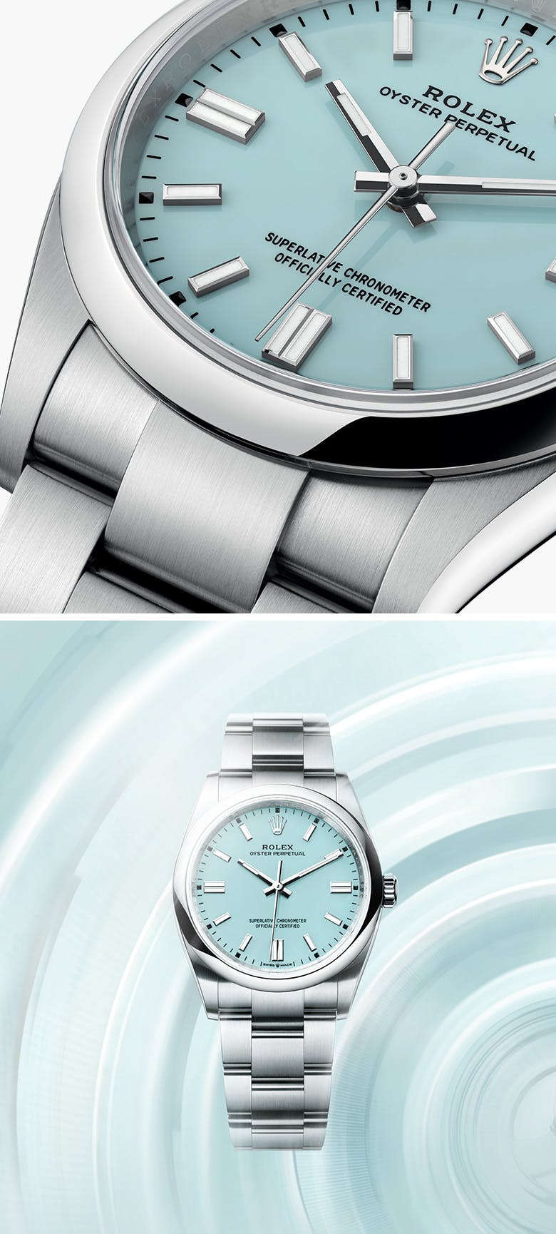 A close-up of a Rolex Oyster Perpetual blue watch dial with luminescent markers on the left, and a full view of the same watch with a silver bracelet on the right, set against a brushed blue and metallic background.