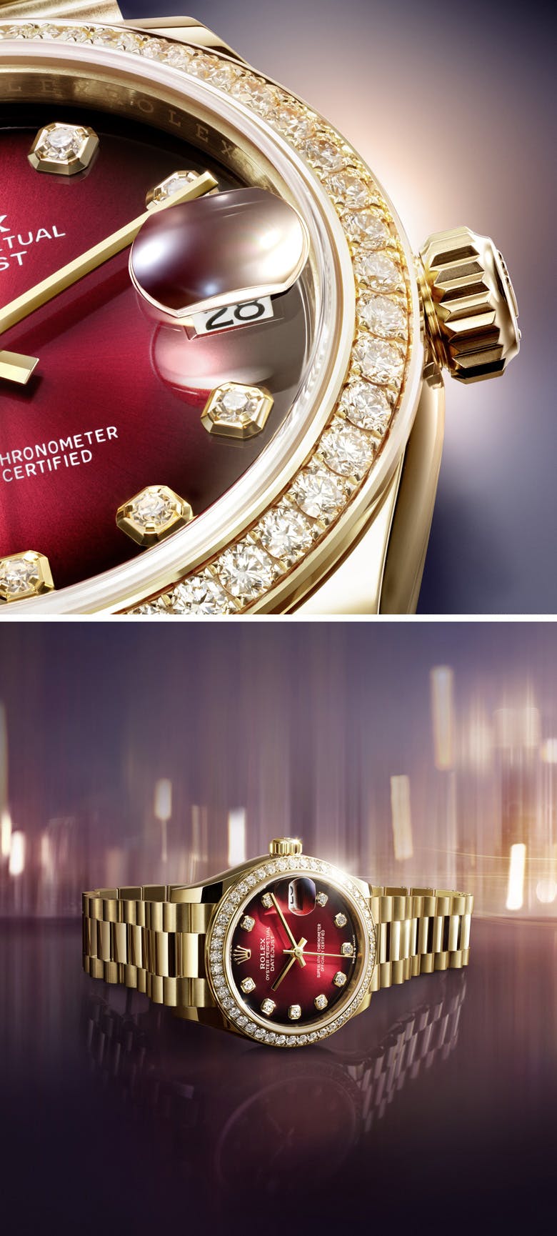 Rolex Datejust, a statement of luxurious elegance with its rich red dial and dazzling diamond bezel