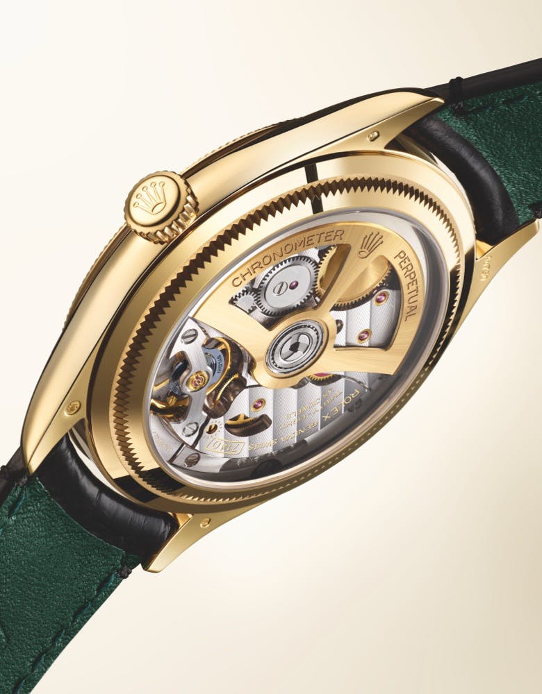 Rolex Perpetual 1908 Open Caseback Gold Case on Green Leather Strap