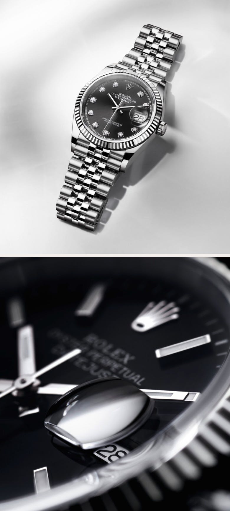 Rolex Oyster Perpetual Datejust with diamonds with a crystal close-up