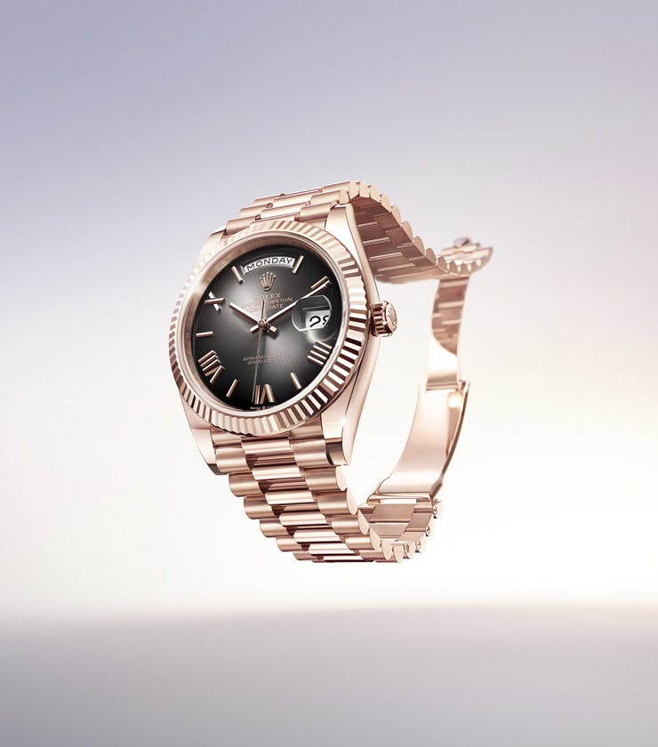 Floating Rolex Day-Date in Rose Gold with Black Dial