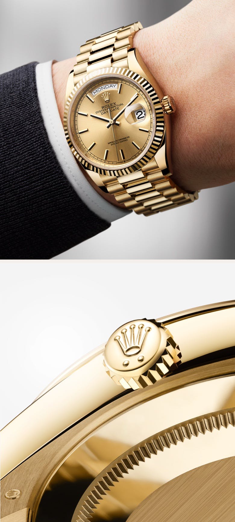Gold Rolex Day-Date with Gold Dial on wrist and Photo of crown
