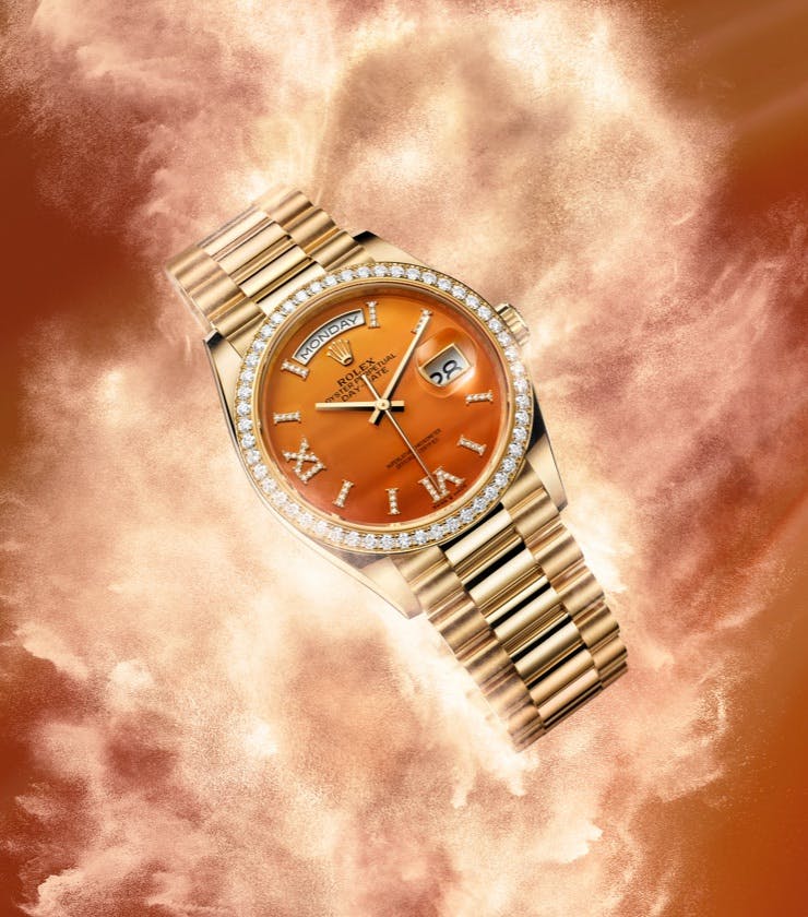 Rolex Day-Date Orange Sunset Dial with Gold and Diamond Bezel